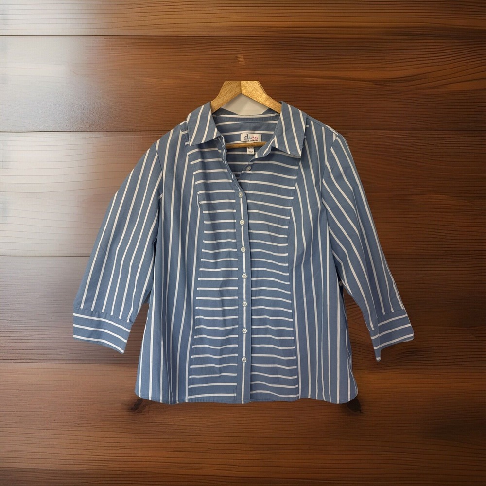 D&Co. Button Up Blouse 3/4 Sleeve Cotton Blend Blue And White Size M